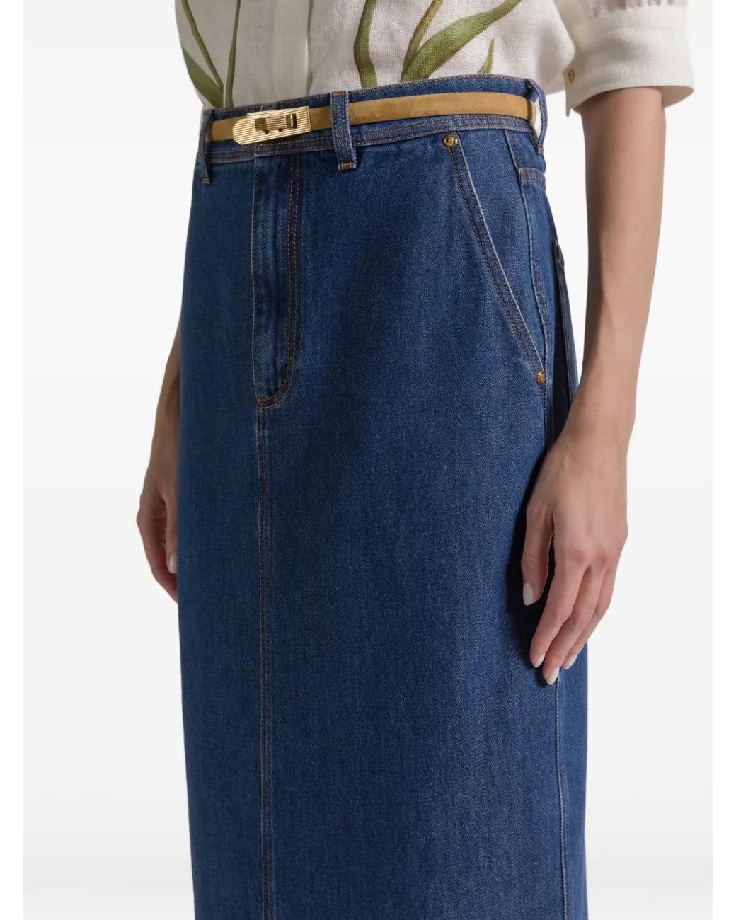 Alberta Ferretti Blue Contrast-Stitching Midi Skirt