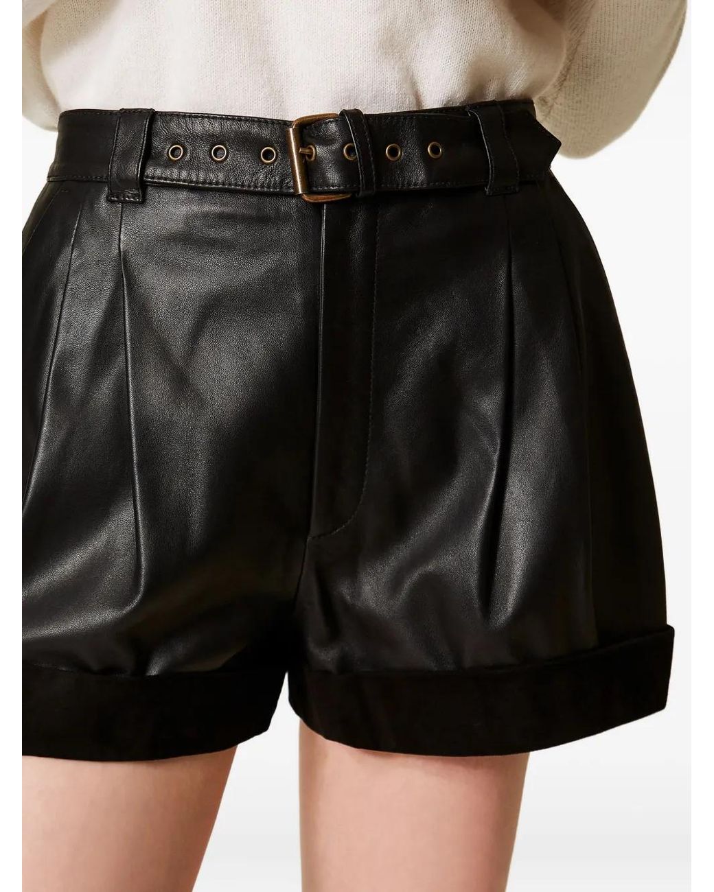 Twinset Black Pleated Belted Leather Shorts
