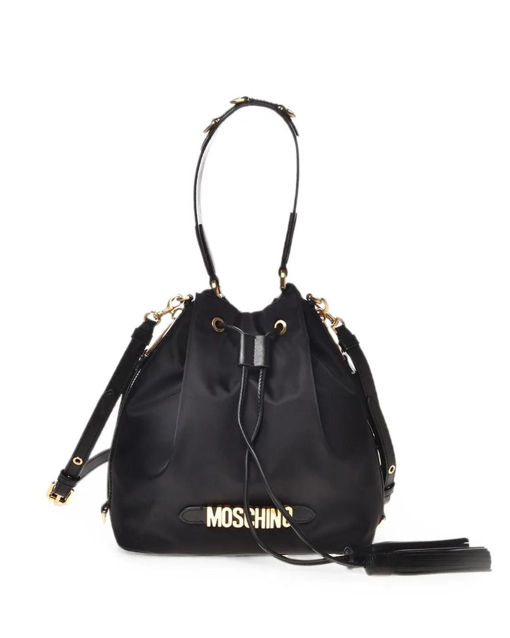 Moschino Black Logo-Lettering Tassel-Detail Bucket Bag