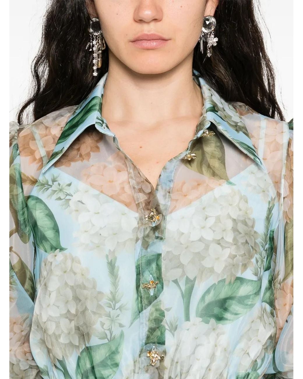 Nissa Green Printed Organza Midi Dress