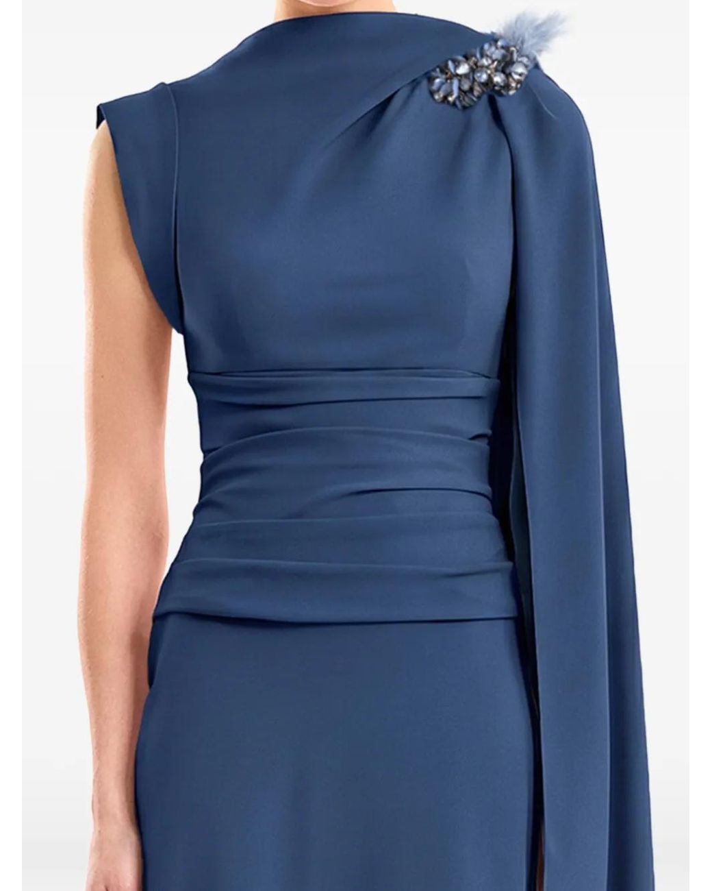 Gemy Maalouf Blue Feather-Embellished Draped-Detail Dress