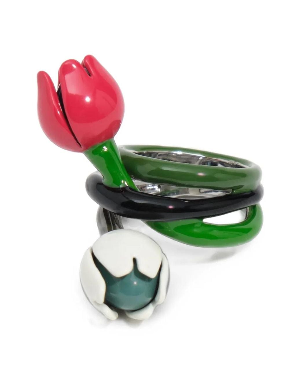 Bimba Y Lola Green Ring With Enameled Tulips