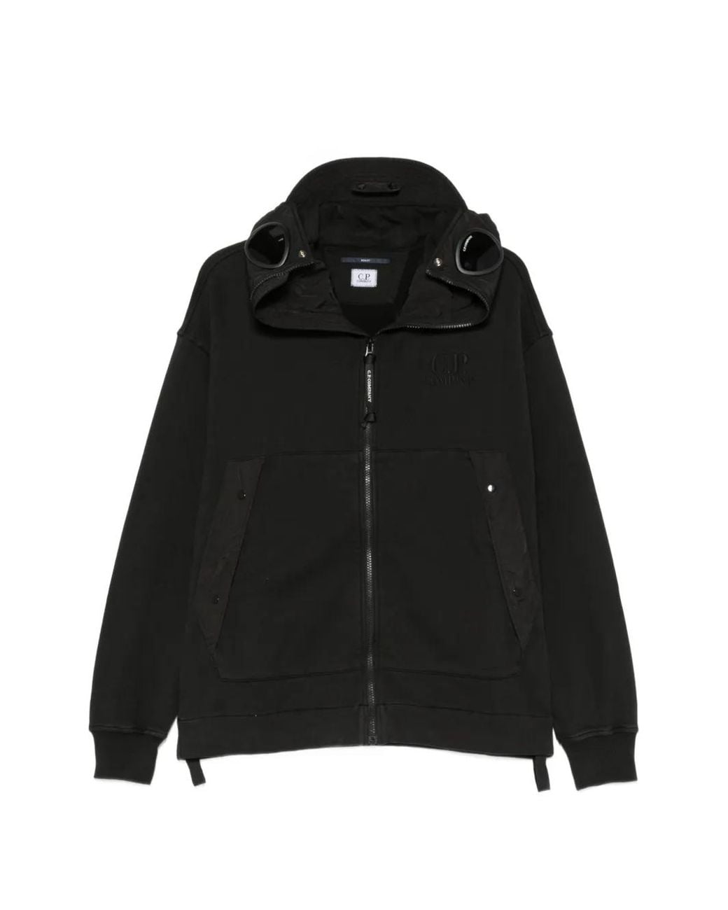 C P Company Black Diagonal Raised Fleece Mixed Boxy Hoodie for men