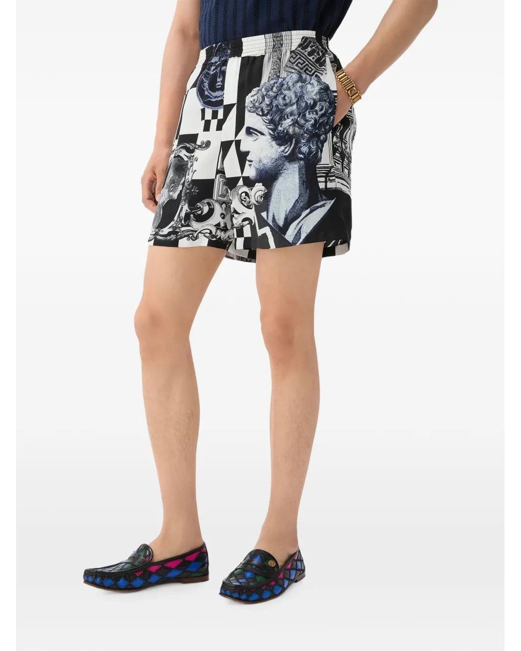 Versace Black Printed Silk Twill Shorts for men