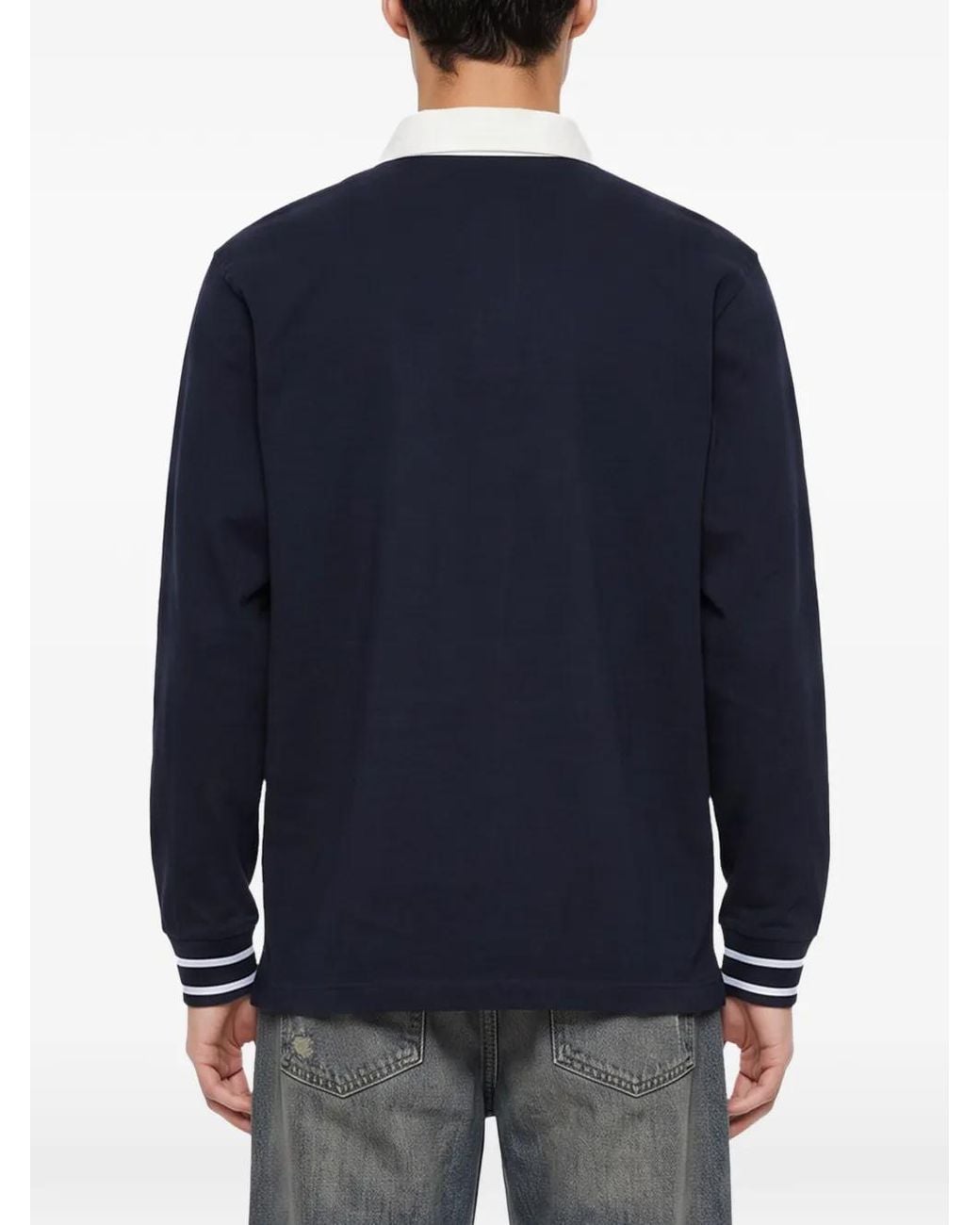 Drole de Monsieur Blue Logo-Print Long-Sleeve Polo Shirt for men