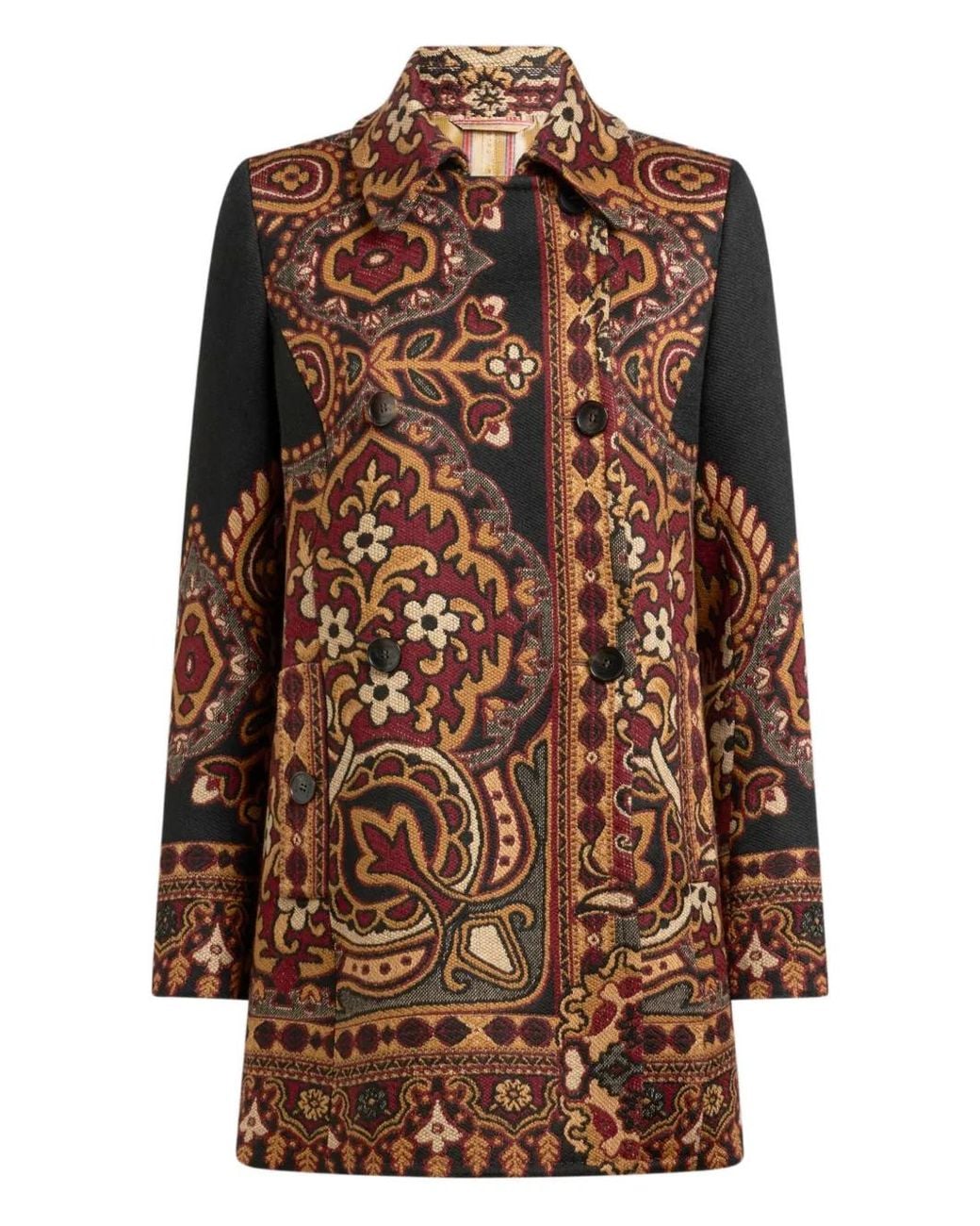 Etro Brown Double-Breasted Wool-Blend Jacquard Coat With Floral Motif