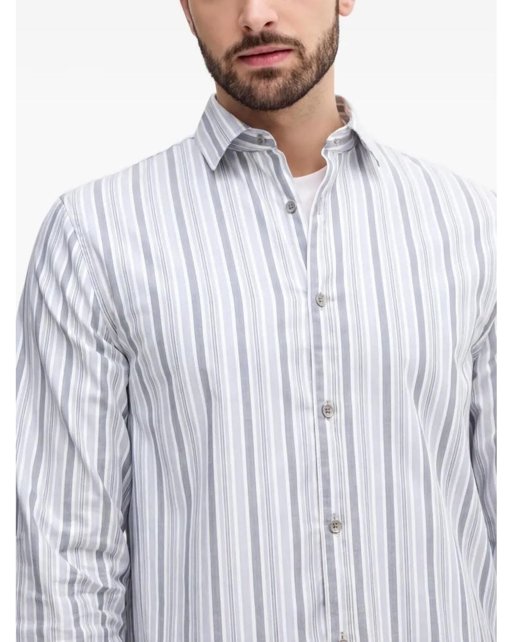 Guess White Vertical-Stripe Long-Sleeve Shirt for men