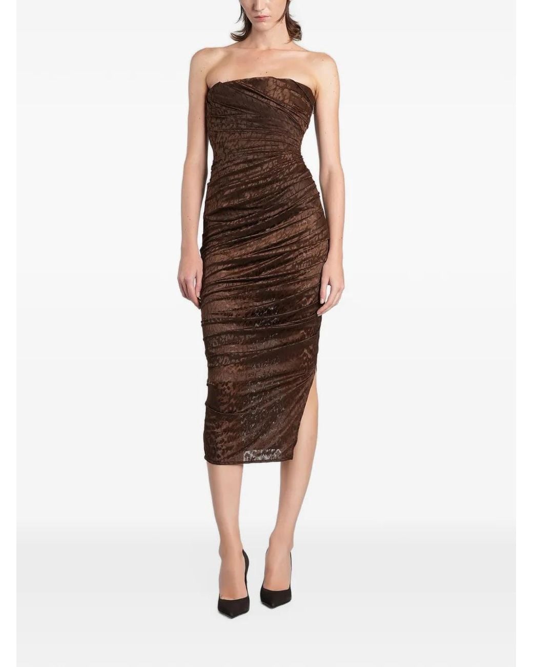 Alex Perry Brown Ruched Animal-Pattern Midi Dress