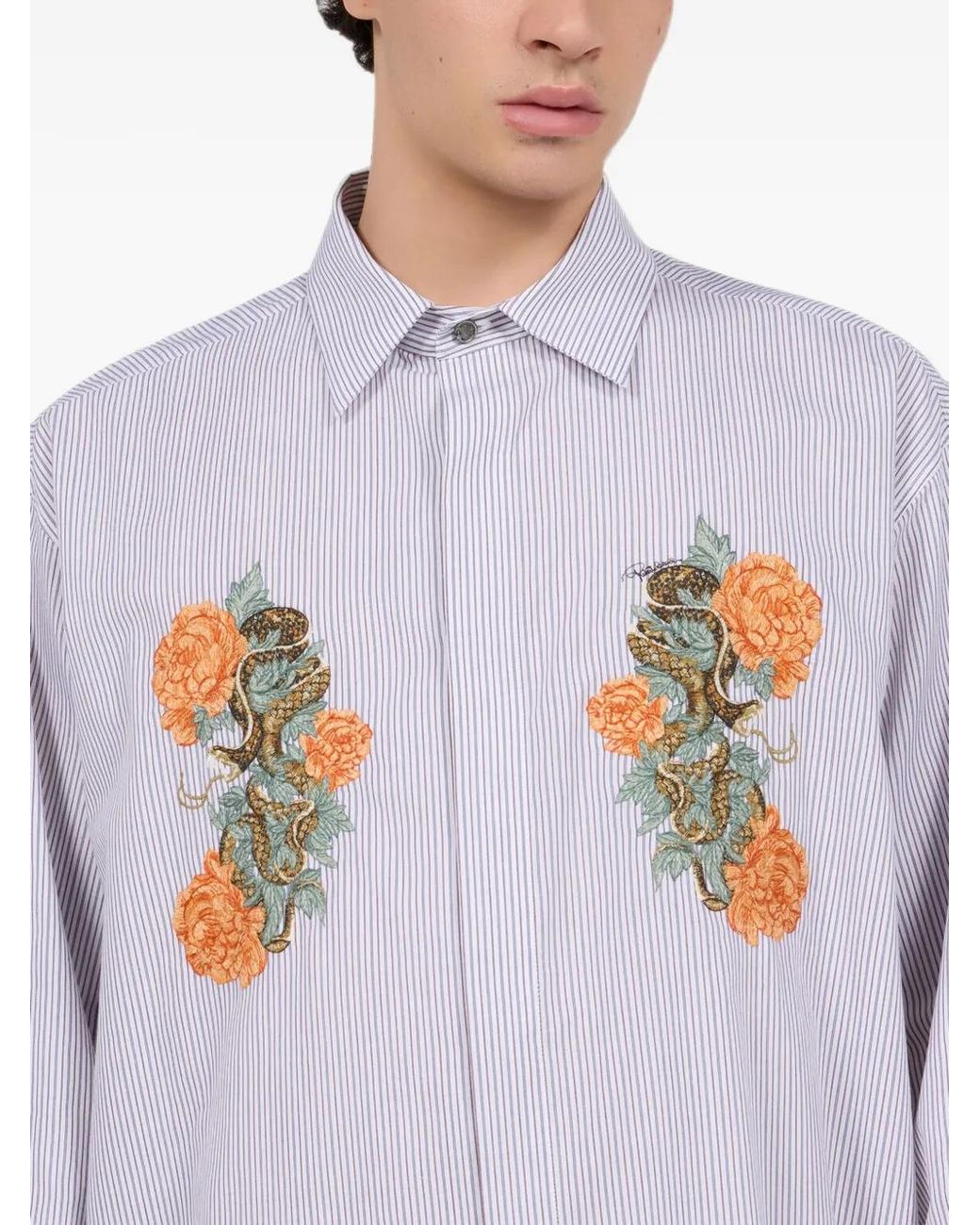 Roberto Cavalli White Embroidered-Detail Stripe Shirt for men