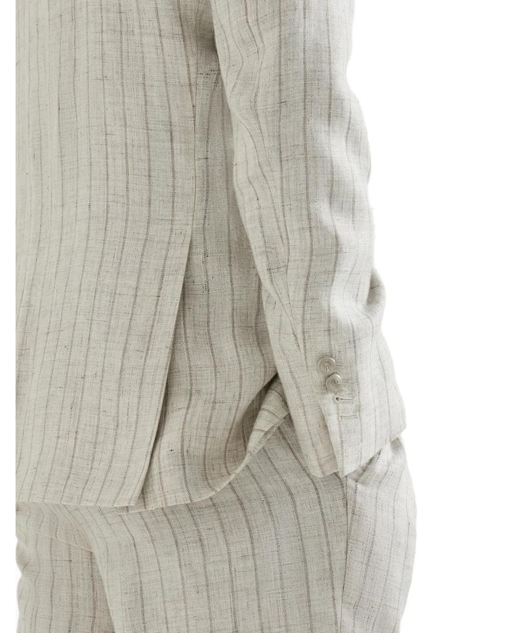 Brunello Cucinelli White Stripe Linen Twill One-And-A-Half Breasted Deconstructed Blazer for men