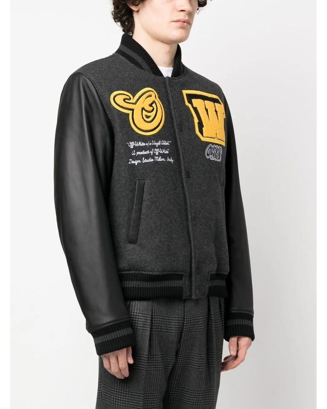 Off-White c/o Virgil Abloh Gray Off- Varsity Cat Leather Jacket, Long Sleeves, /, 100% Leather for men