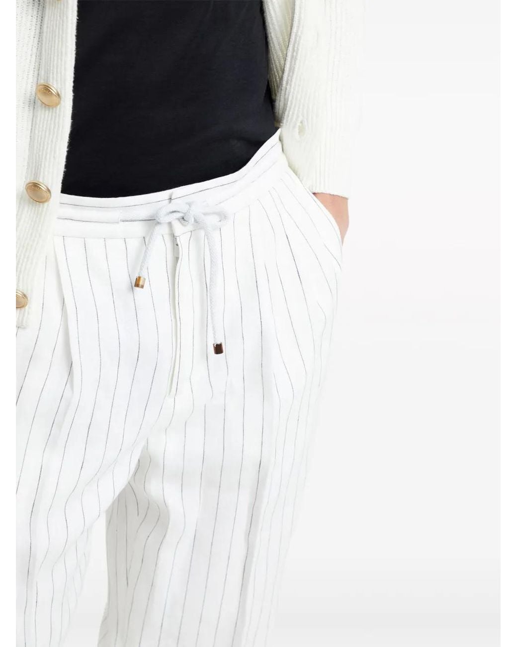 Brunello Cucinelli White Tapered-Leg Striped Linen Trousers for men