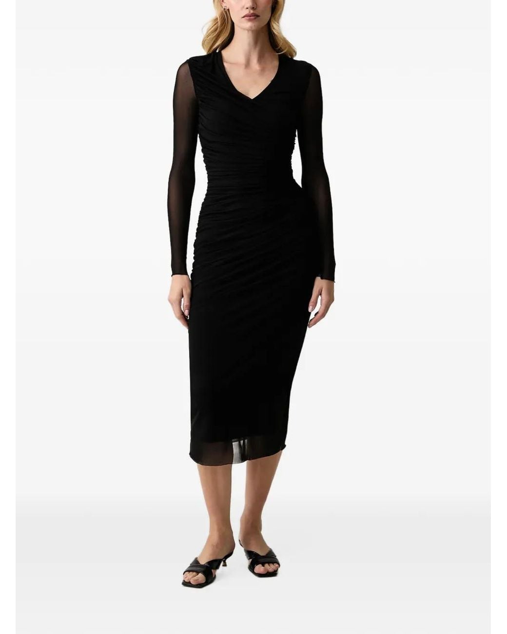 Silvian Heach Black Ruched Mesh-Sleeve Midi Dress