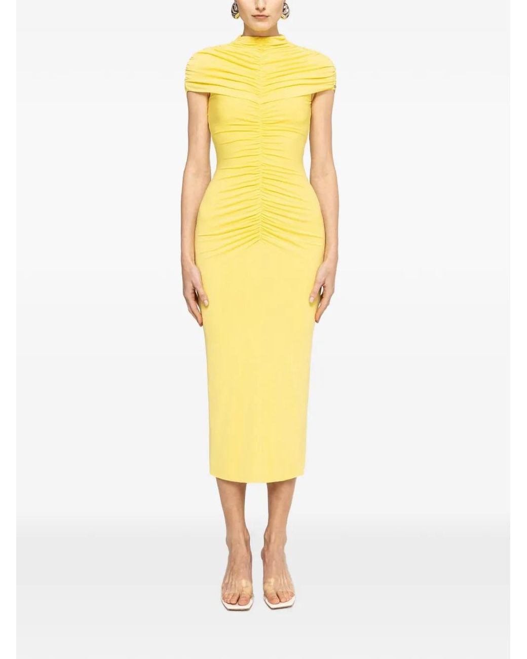 Nissa Yellow Ruched Midi Dress