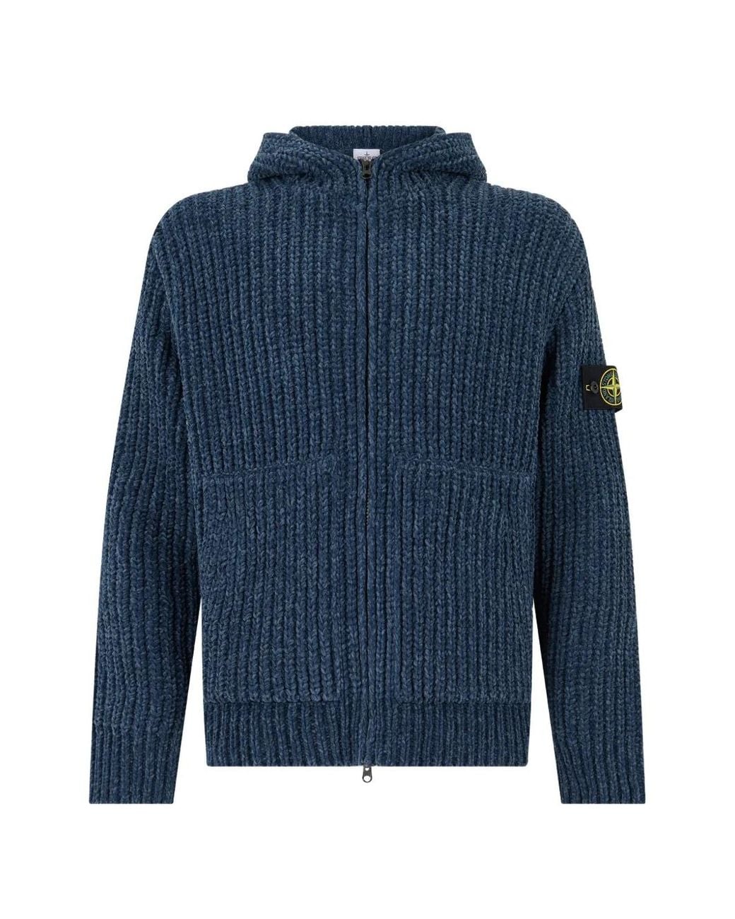 Stone Island Blue 5100065 Mouliné Cotton Chenille Loose-Fit Hooded Zip-Up Sweater With Pockets for men