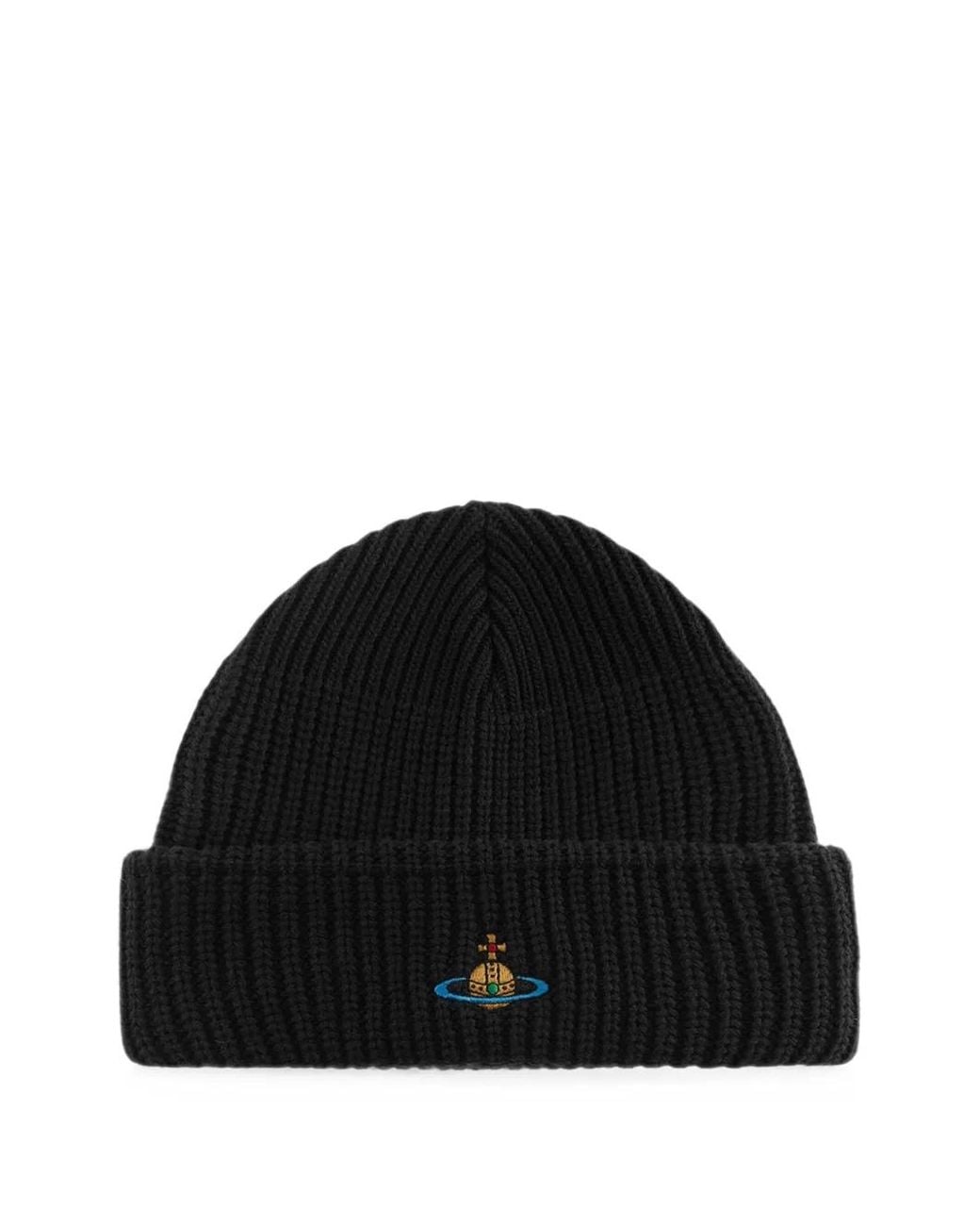 Vivienne Westwood Black Sporty Embroidered Ribbed Beanie Hat