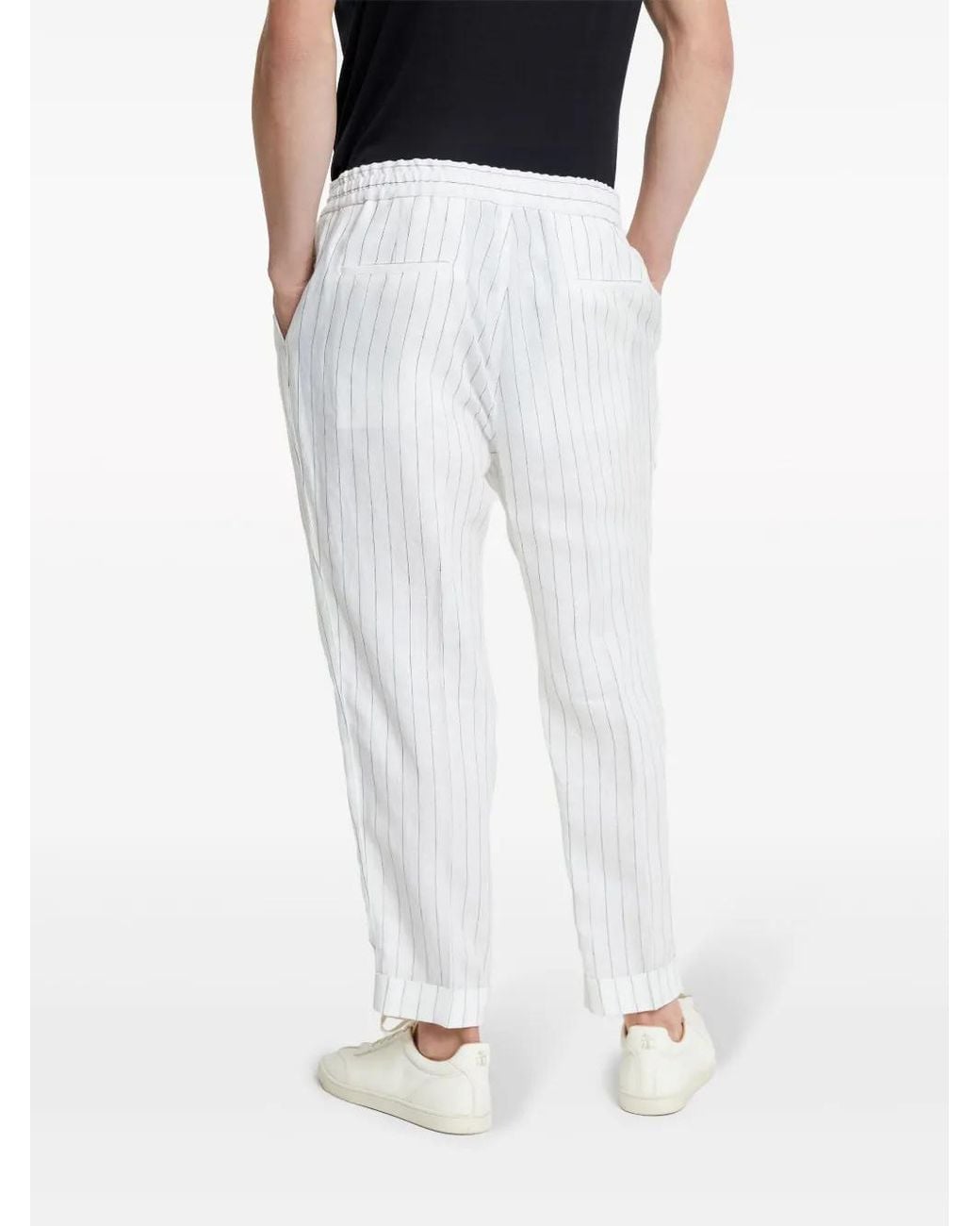 Brunello Cucinelli White Tapered-Leg Striped Linen Trousers for men