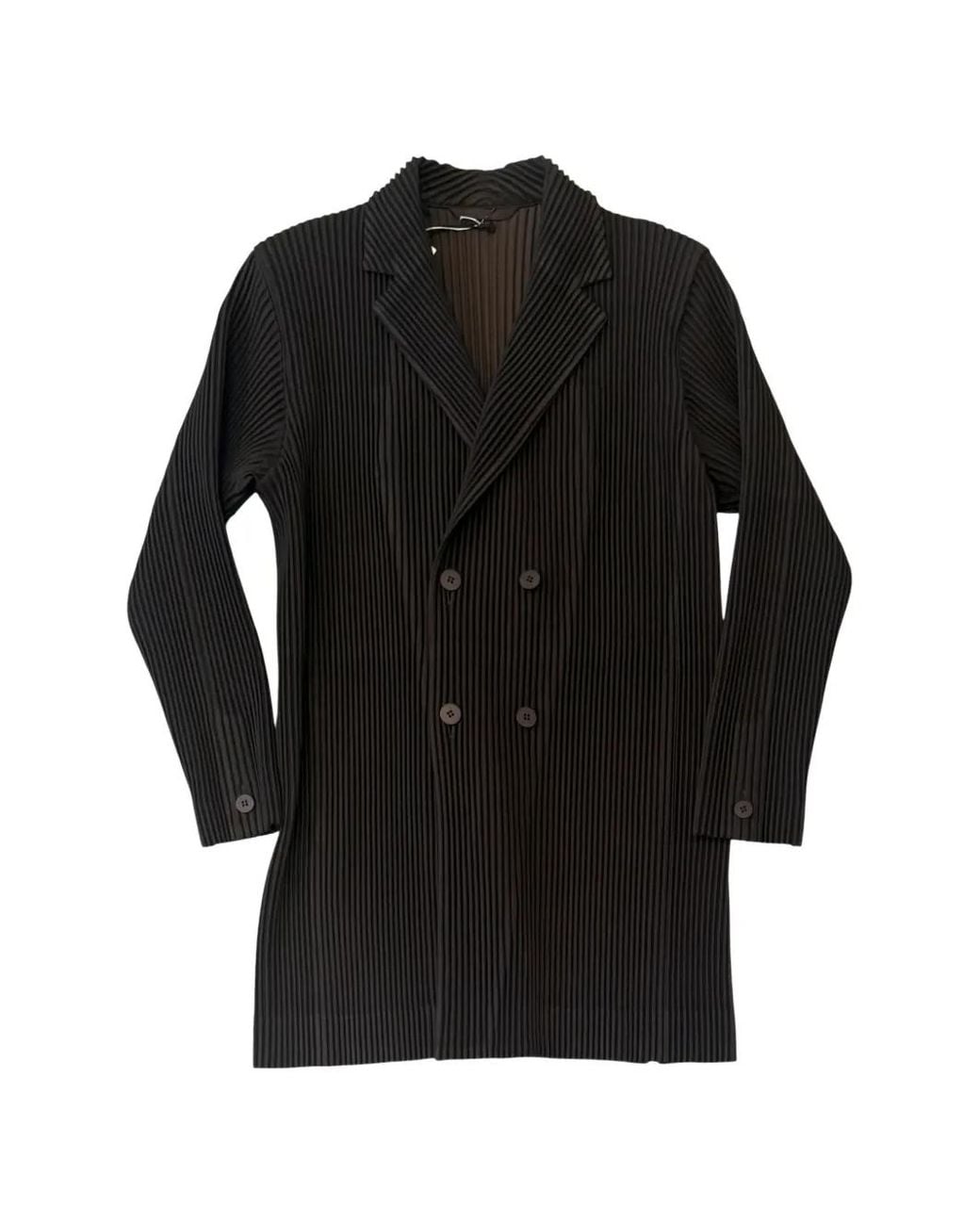 Homme Plissé Issey Miyake Black Kersey Pleats Double-Breasted Pleated Jacket for men