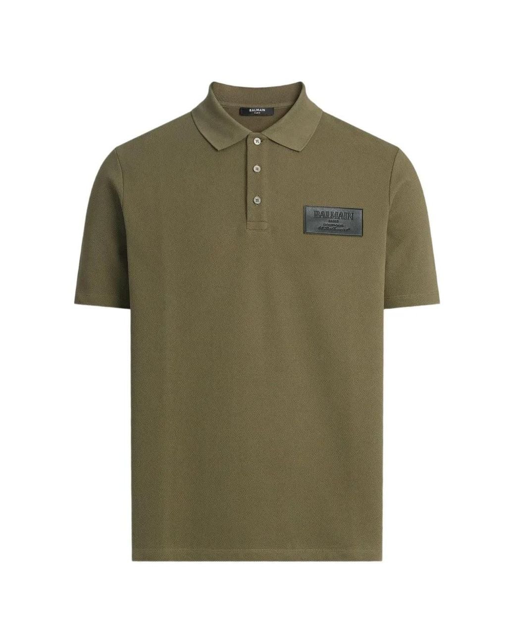 Balmain Green Cotton Polo Shirt With Leather Vintage Label for men