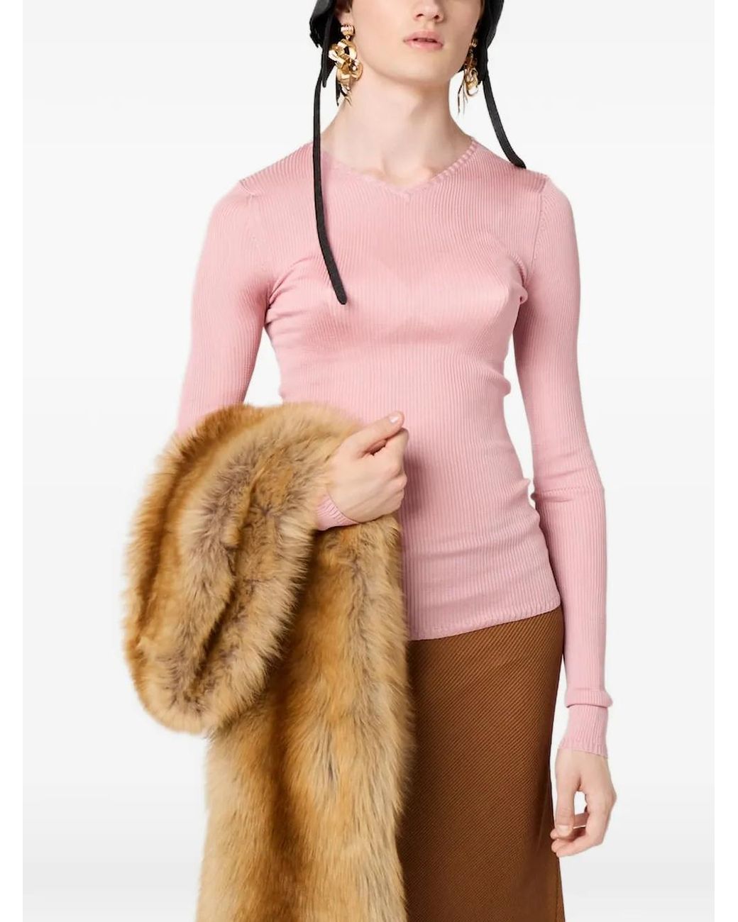 Miu Miu Pink V-Neck Ribbed Top