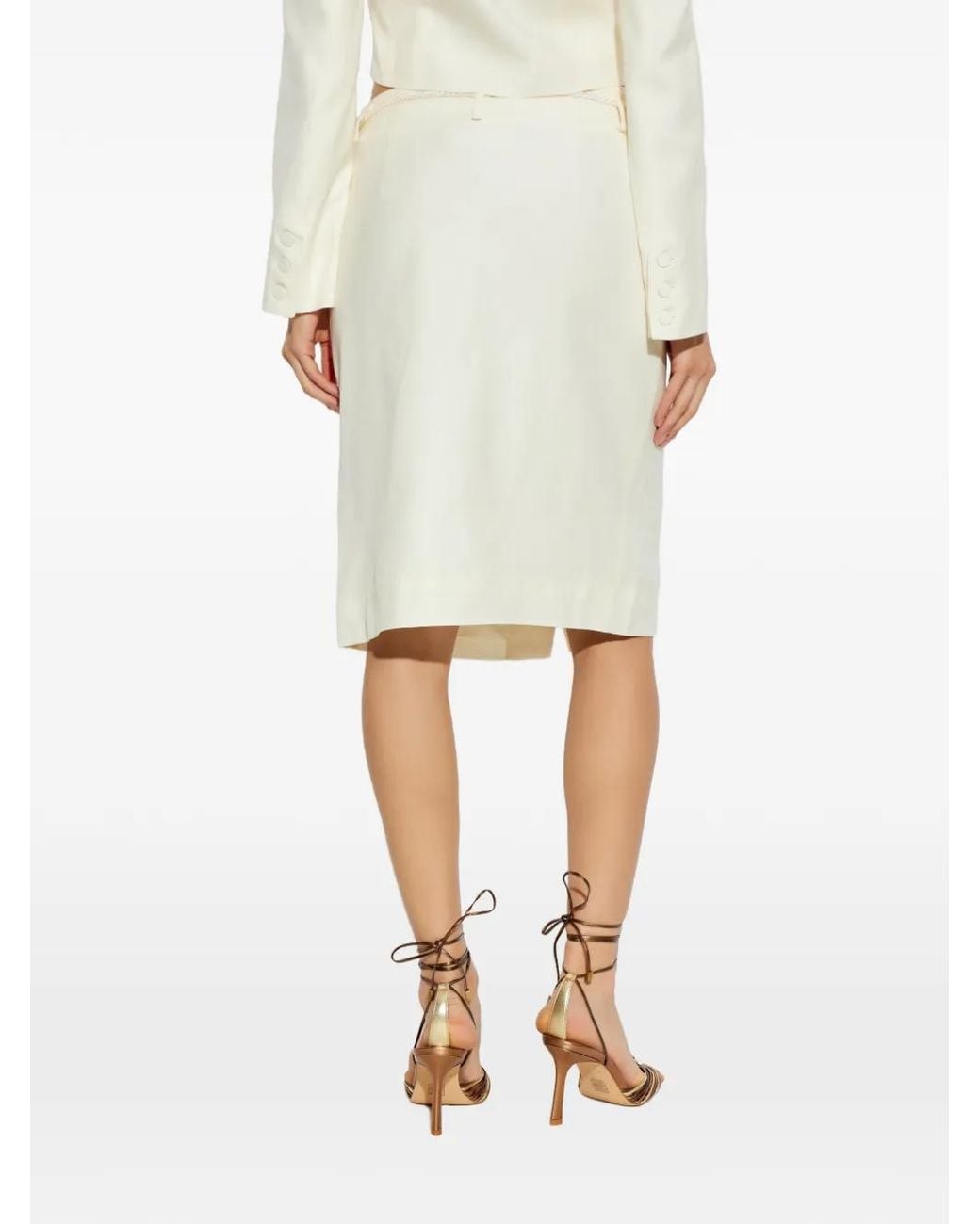 Posse White Elspeth Button-Front Tassel-Belt Wool Midi Skirt
