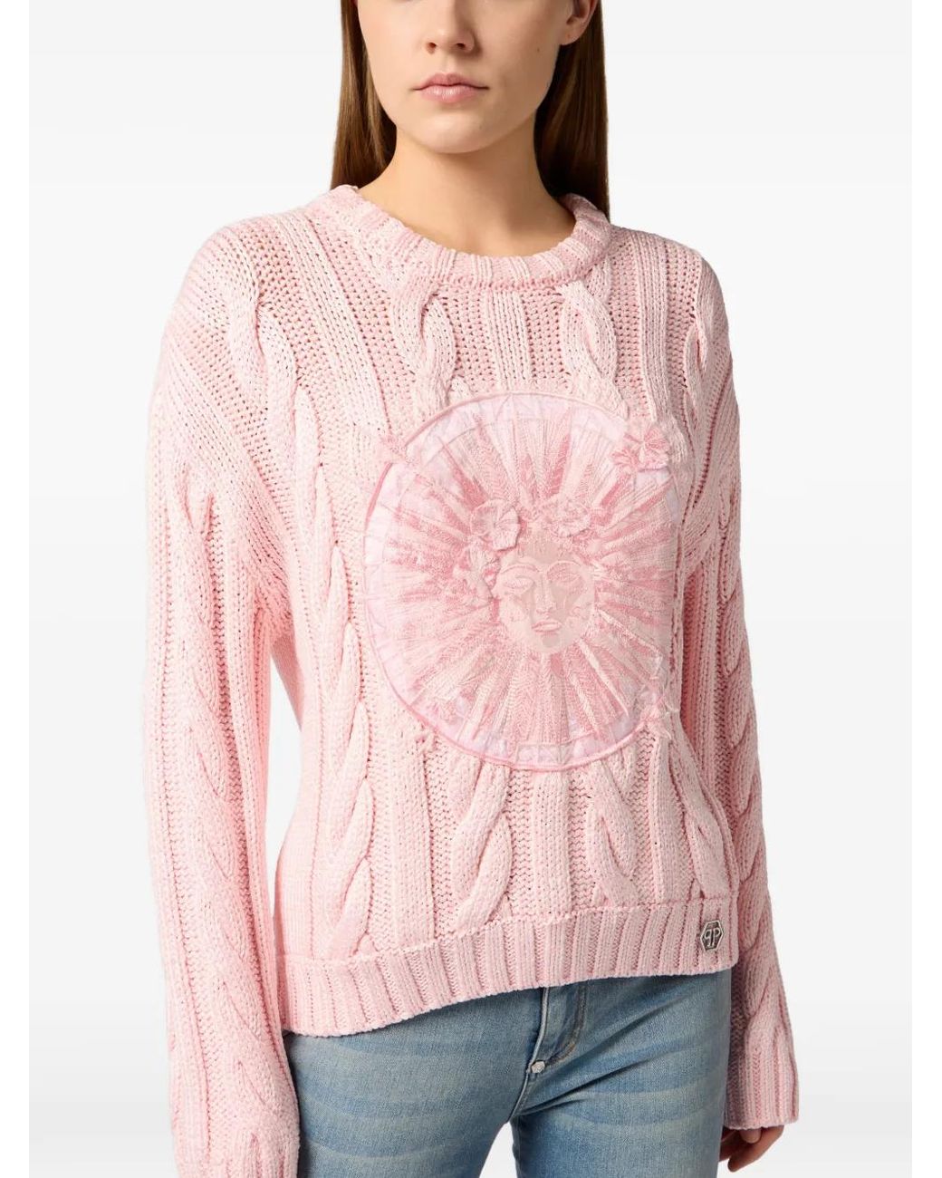 Philipp Plein Pink Round-Neck Sun-Embroidered Sweater