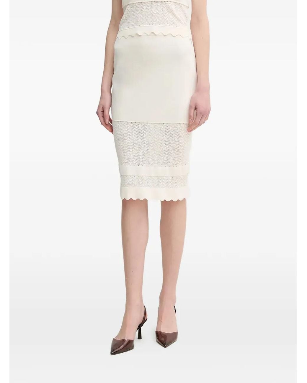 GAUDI White Pointelle-Scalloped Midi Skirt