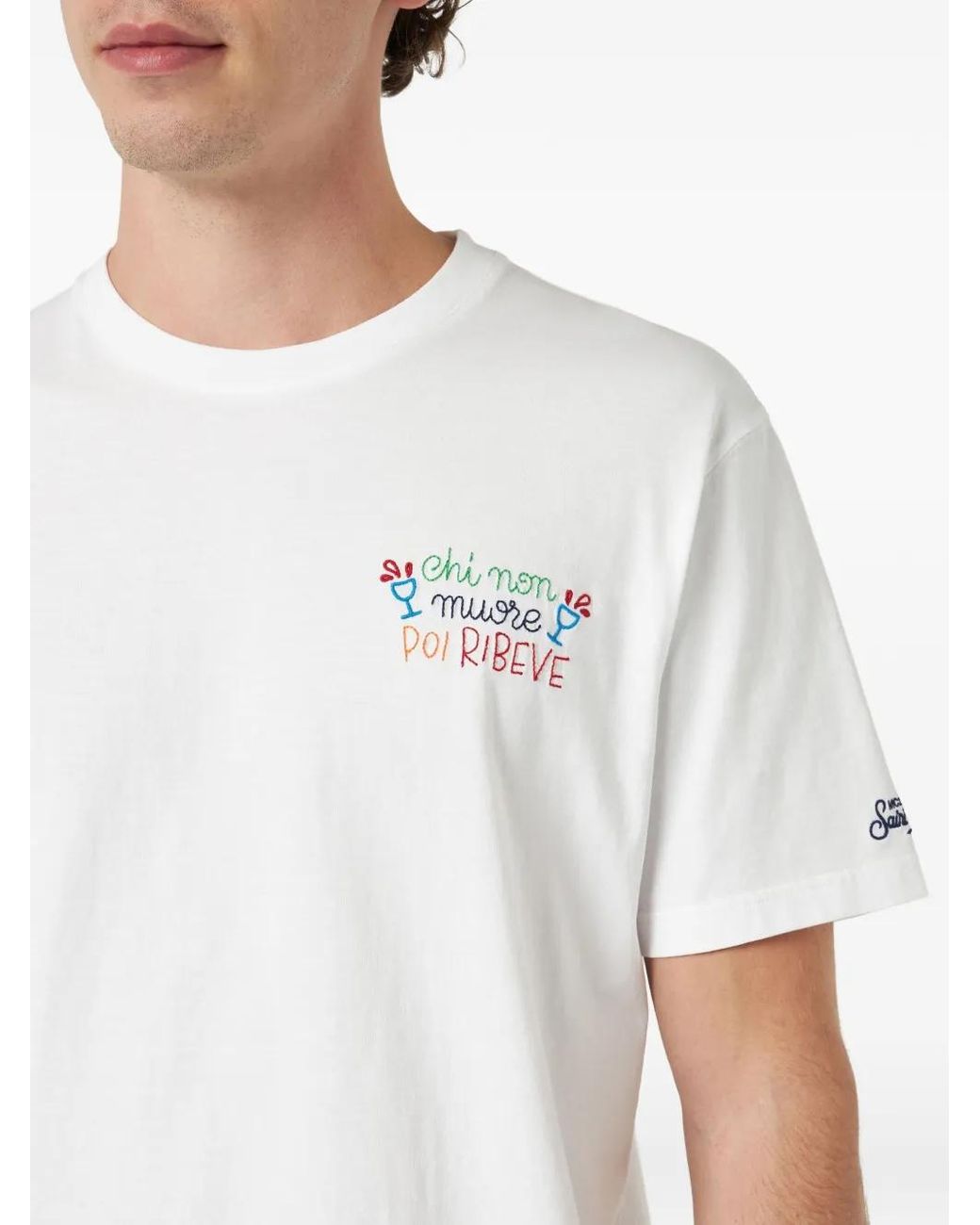 Mc2 Saint Barth White Classic Fit Cotton Jersey T-Shirt Portofino With Chi Non Muore Poi Ribeve Embroidery for men