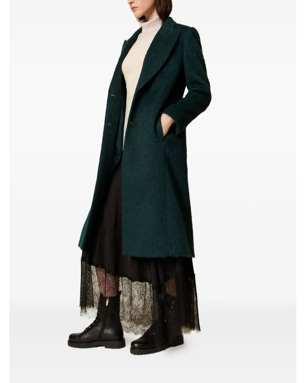 Twinset Green Single-Breasted Wool Coat