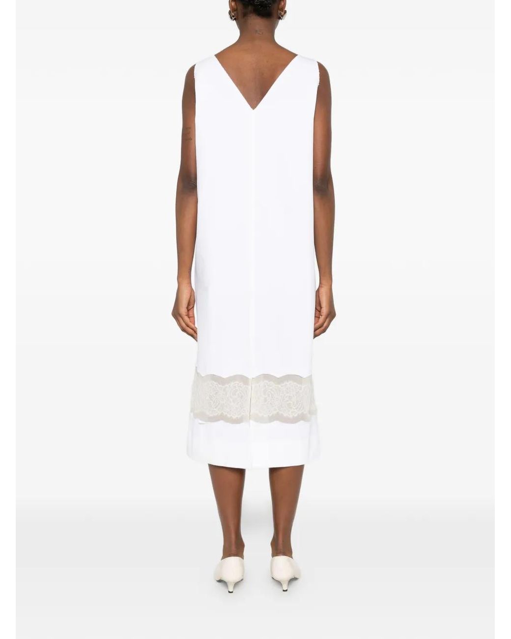 Carven White V-Neck Lace Midi Dress