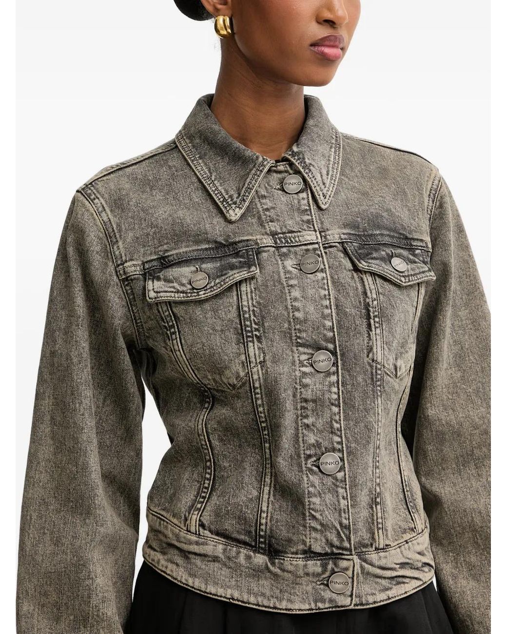 Pinko Gray Acid-Wash Buckle-Detail Denim Jacket