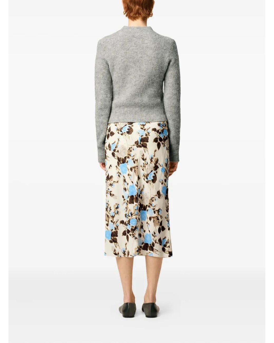 AMI White Floral-Print A-Line Midi Skirt