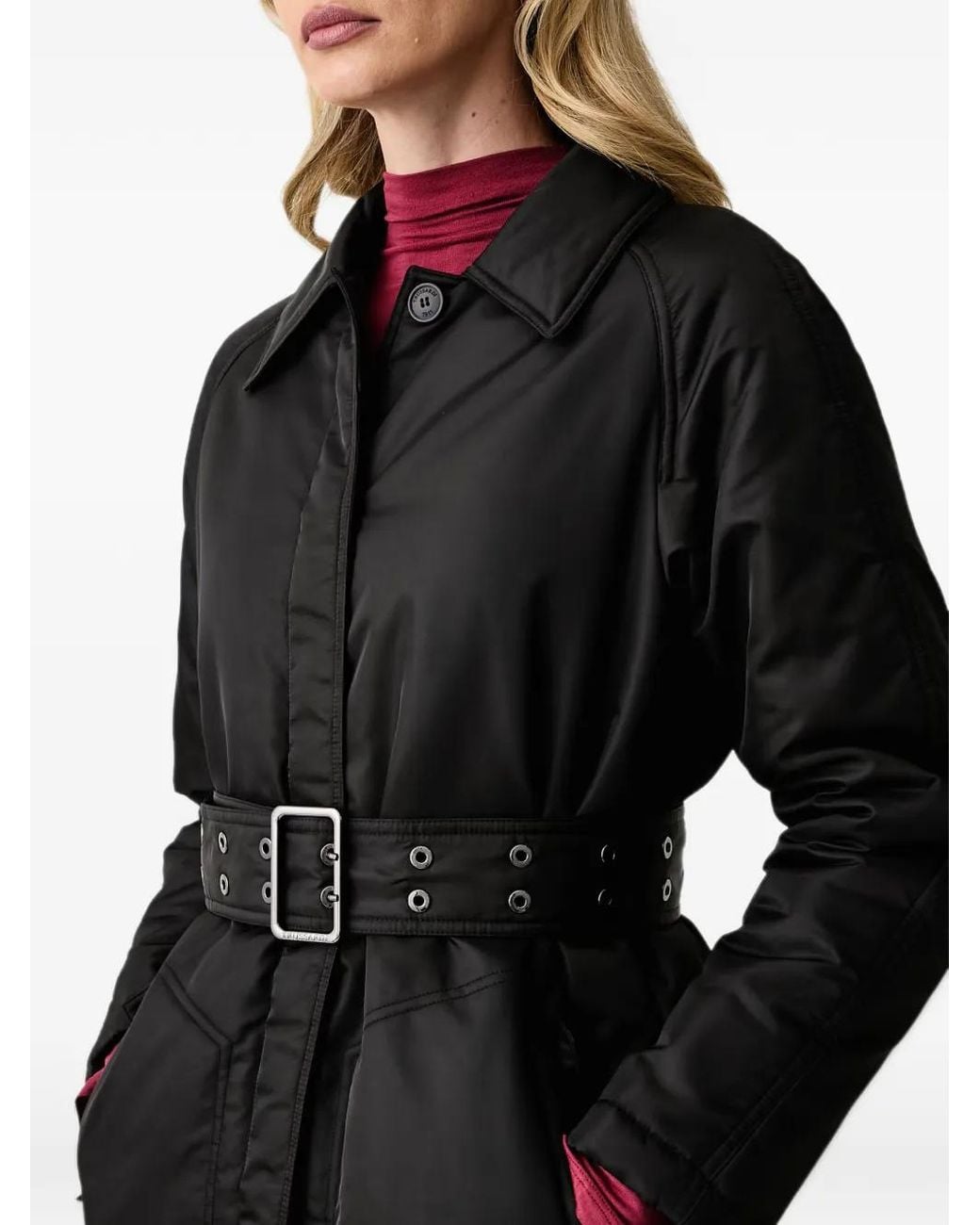 Trussardi Black Belted Logo-Patch Coat