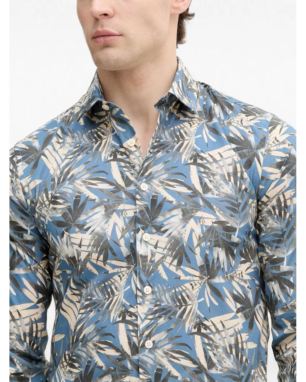 Lindbergh Blue Palm-Print Long-Sleeve Shirt for men