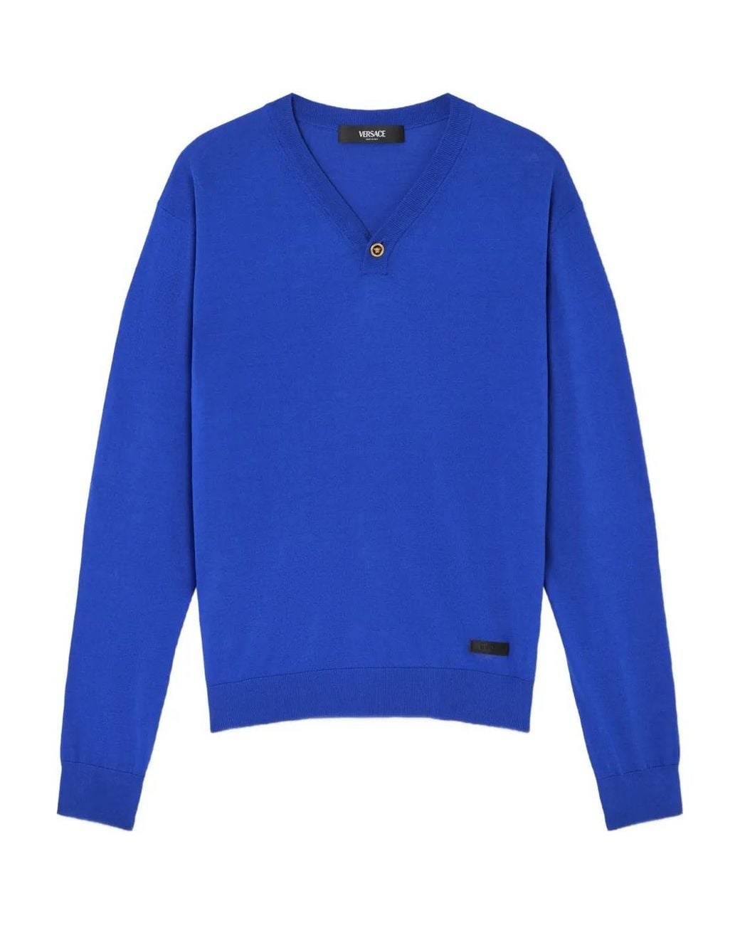 Versace Blue Silk-Cotton Knit V-Neck Sweater for men