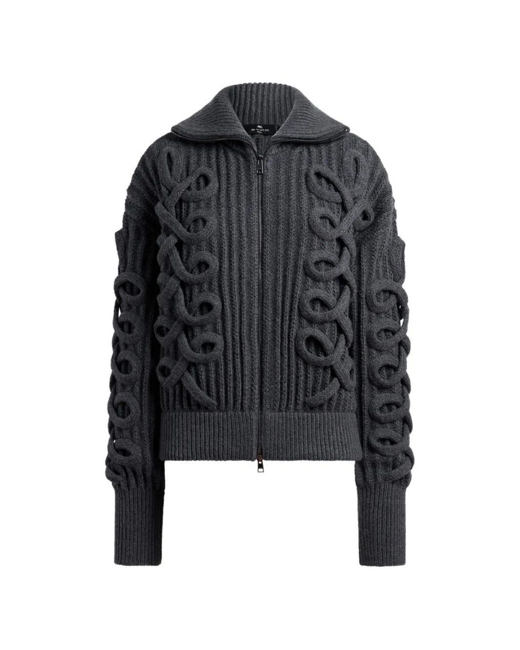 Etro Black Ribbed Wool-Blend Cardigan With Zip And Woven Detailing