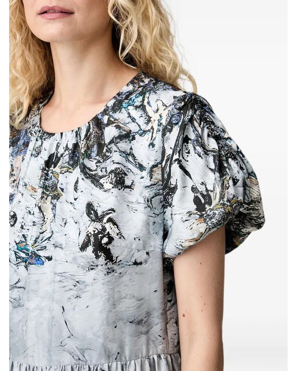 Munthe White Abstract-Print Puff-Sleeve Maxi Dress
