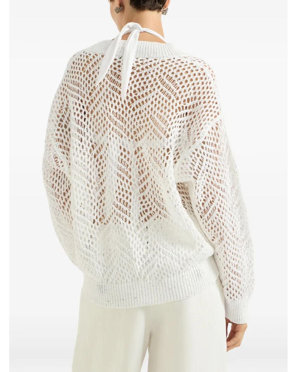Brunello Cucinelli White Dazzling Abstract Leaf Sweater