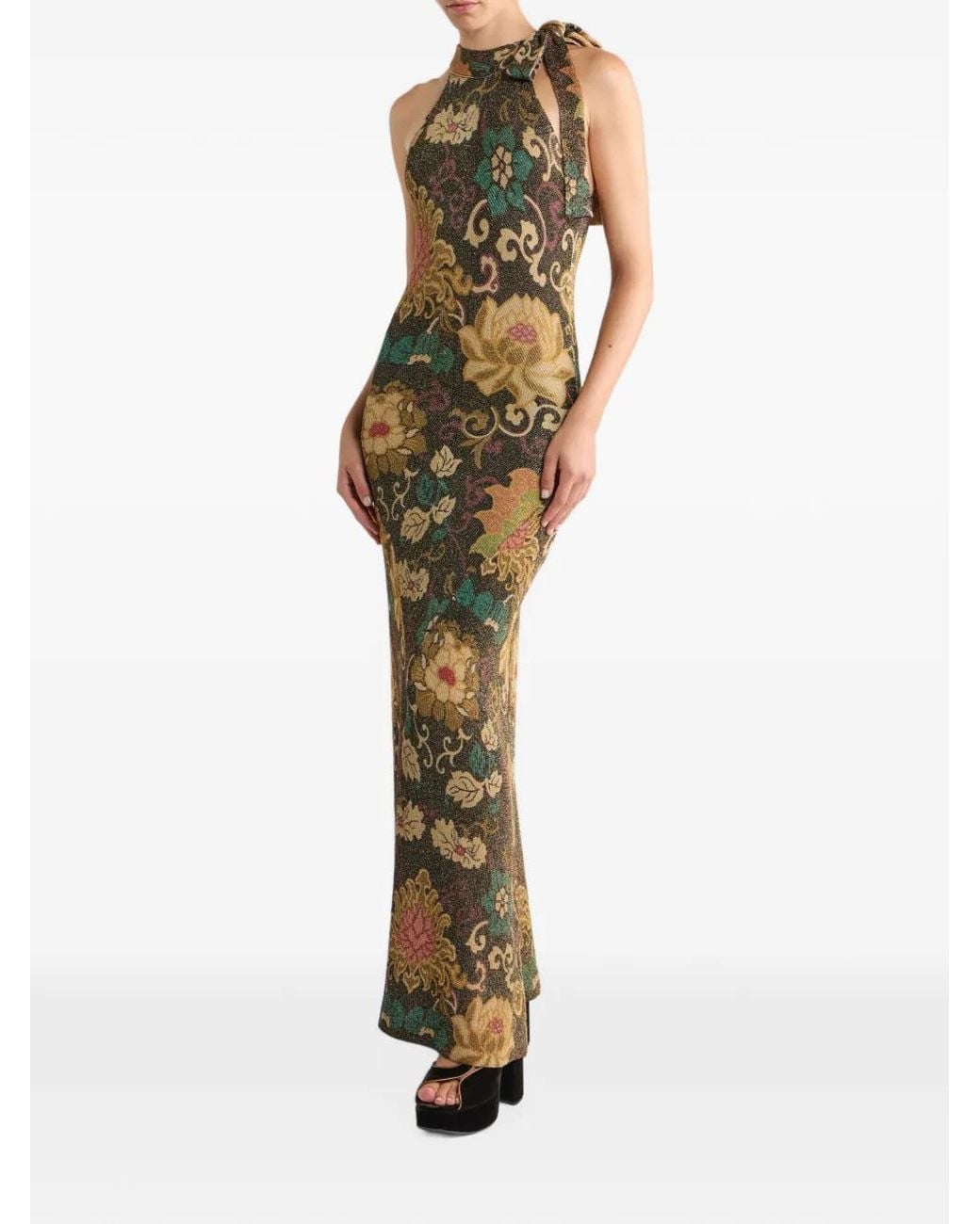 Black Ribbon Ribbed Etro Metallic Ribbed-Knit Long Dress With Floral-Motif in Green | Lyst