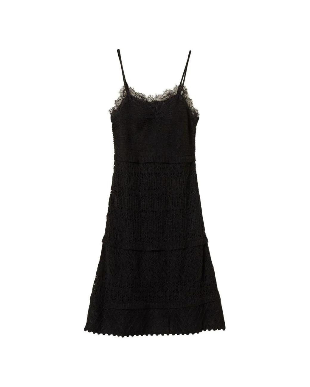 Twinset Black Recycled Yarn Long Knit Dress With Lace