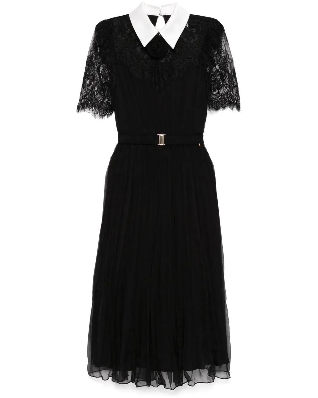 Nissa Black Lace-Detail Silk Midi Dress