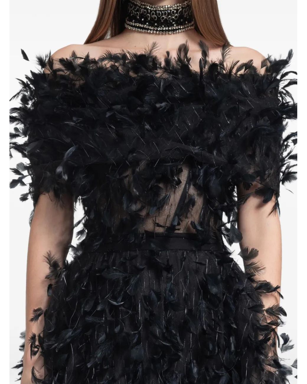Gemy Maalouf Black Feather-Trim Off-Shoulder Top
