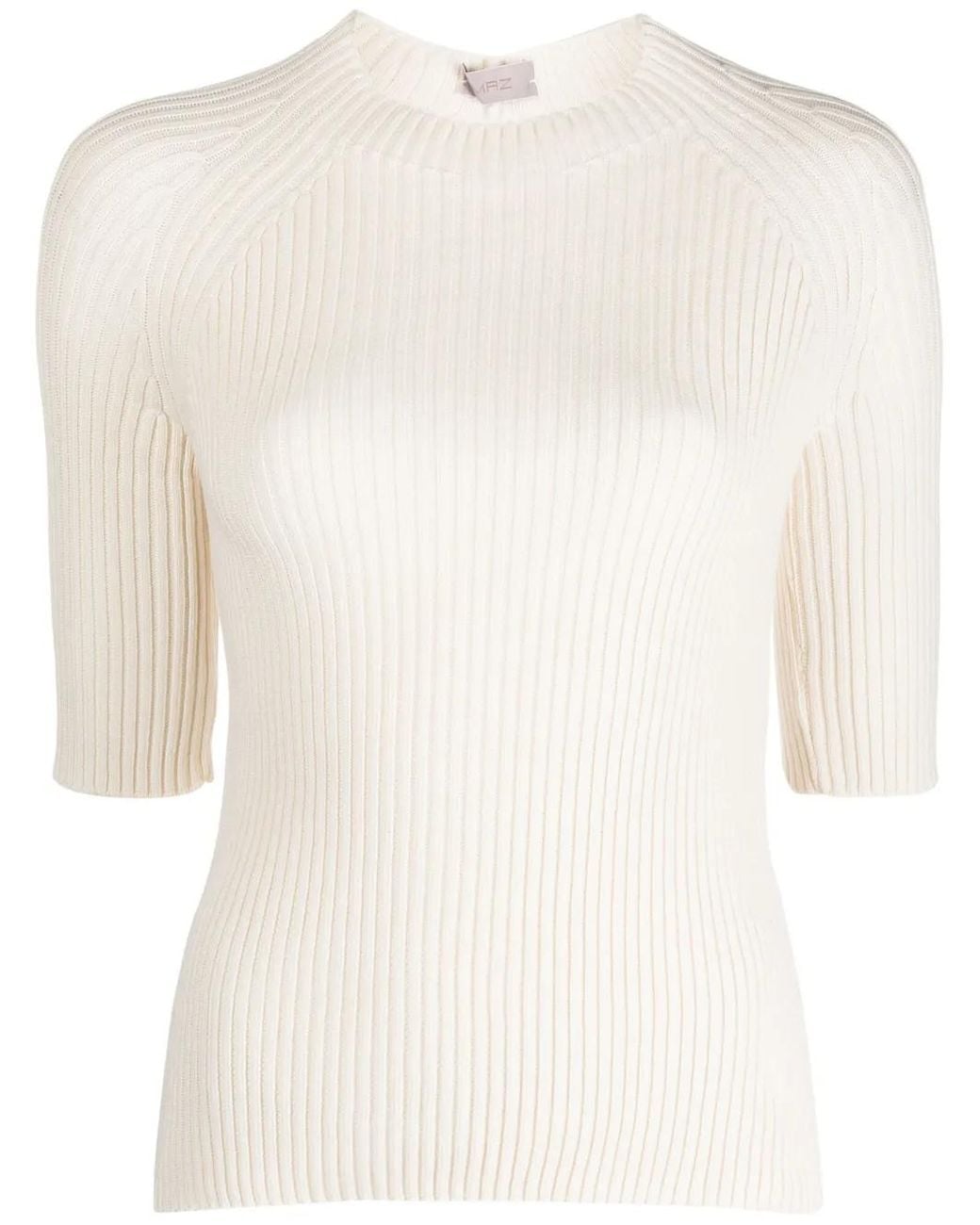 Mrz White Three-Quarter Sleeve Ribbed Knitted Top