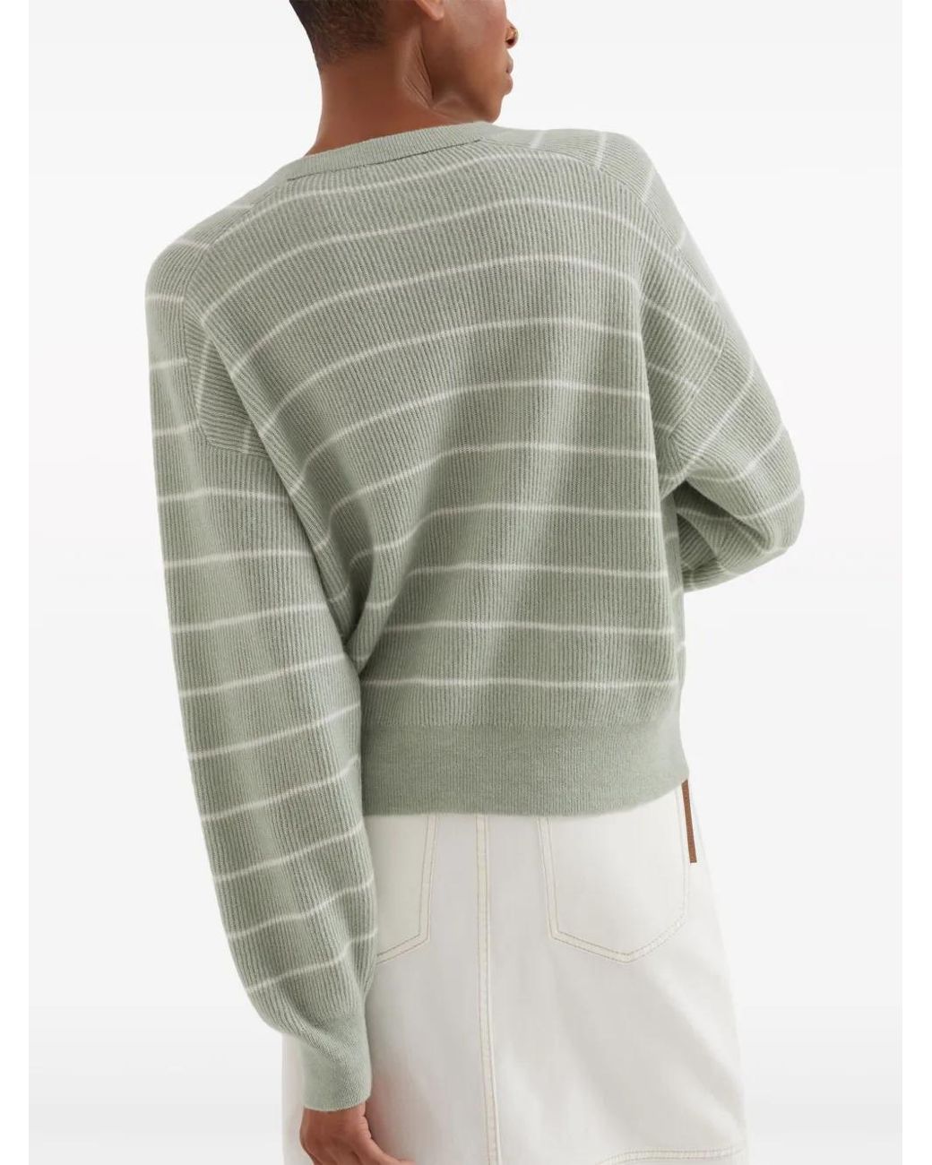 Brunello Cucinelli Gray Striped V-Neck Sweater