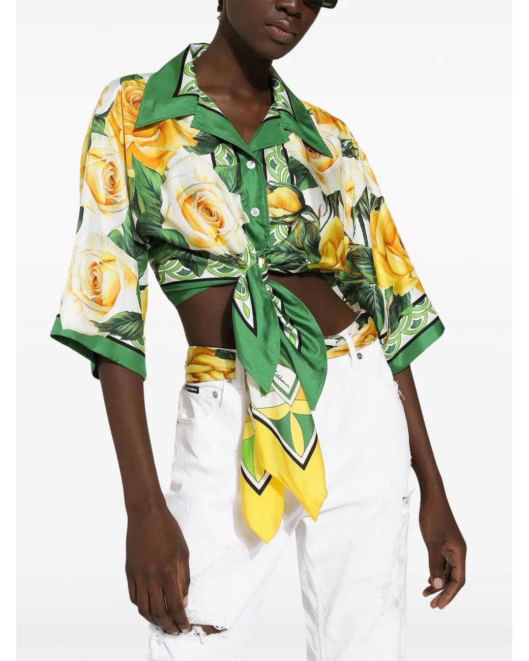 Dolce & Gabbana Yellow Rose-Print Cropped Silk Shirt