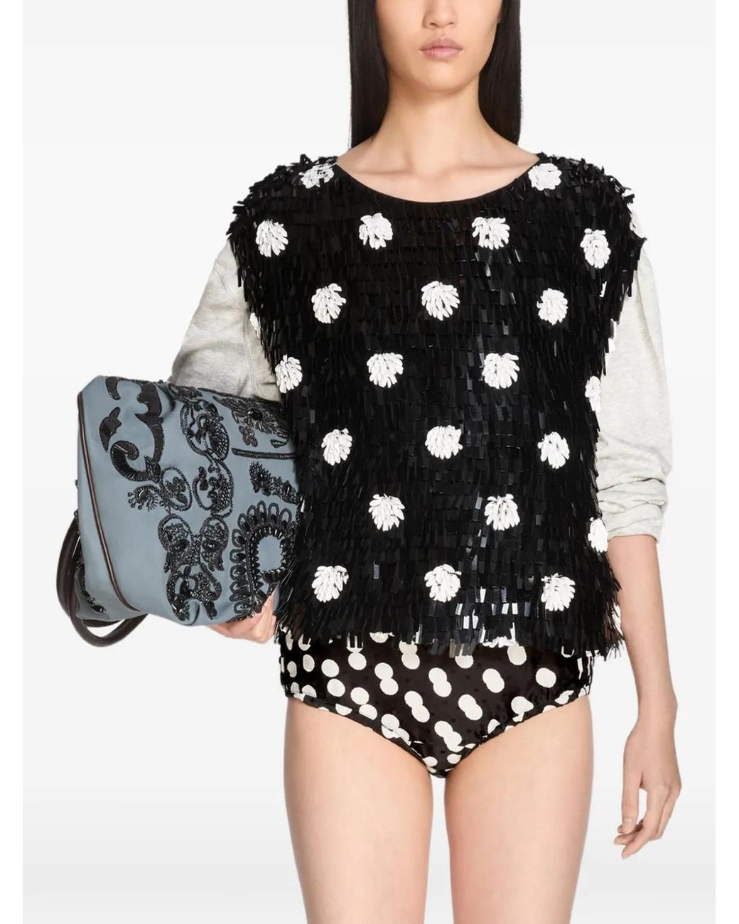 Dries Van Noten Black Embroidered Polka-Dot Silk Top