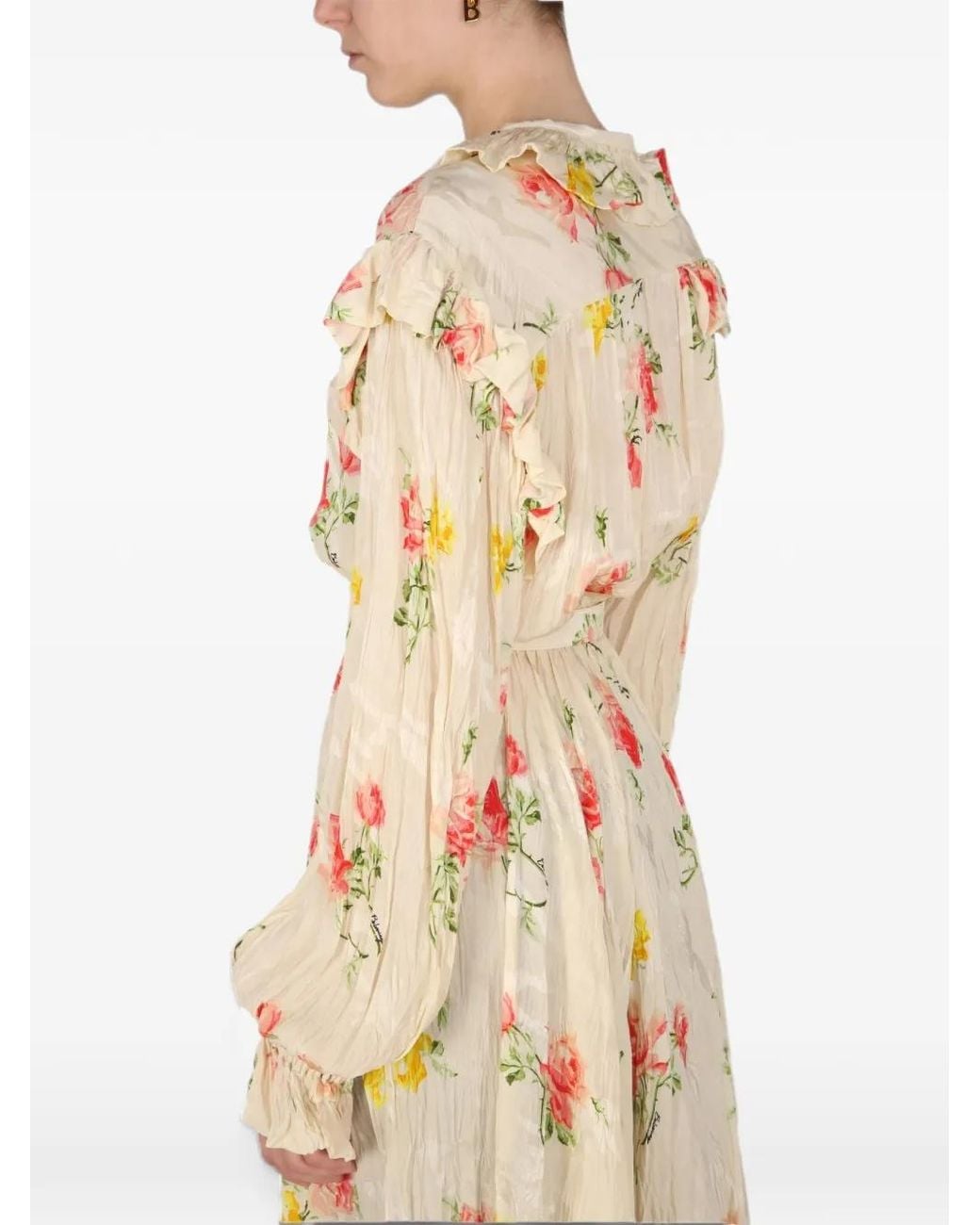 Balenciaga Natural Floral-Print Ruffled Silk Dress