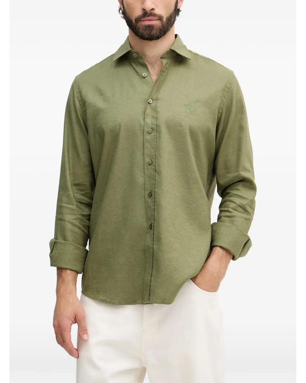 Karl Lagerfeld Green Logo-Embroidered Linen Shirt for men