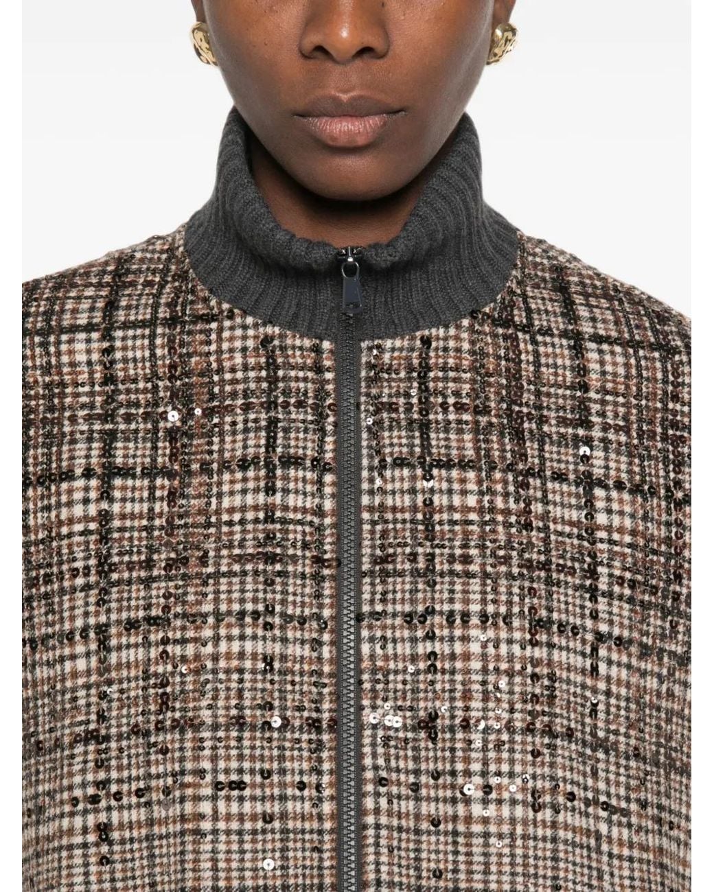 Brunello Cucinelli Brown Sequin-Embellished Checked Jacket