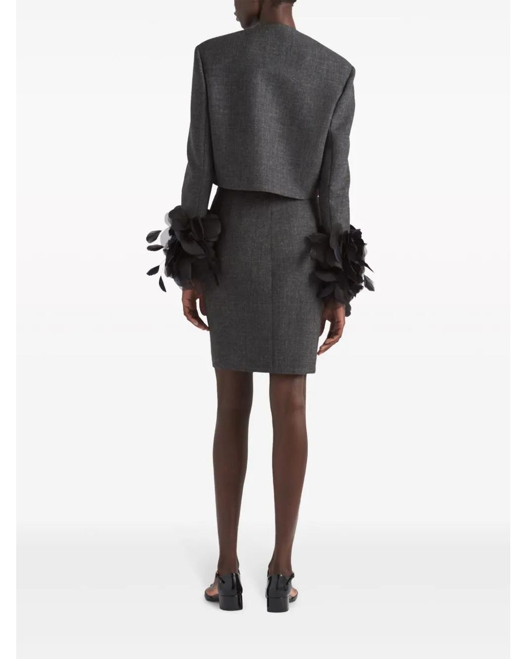 Prada Black Feather-Trimmed Wool Cropped Jacket